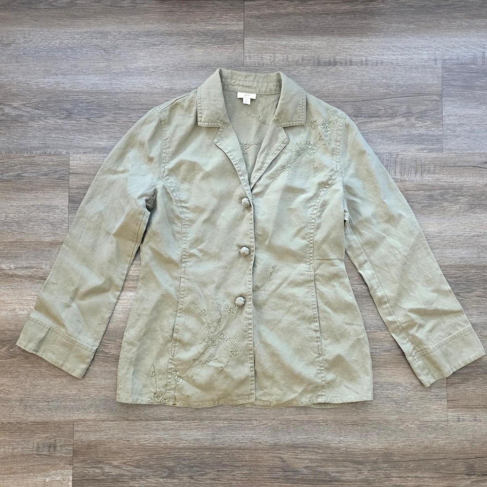 J. Jill Vintage Sage Green Embroidered Linen Jacket Small Floral Cottagecore